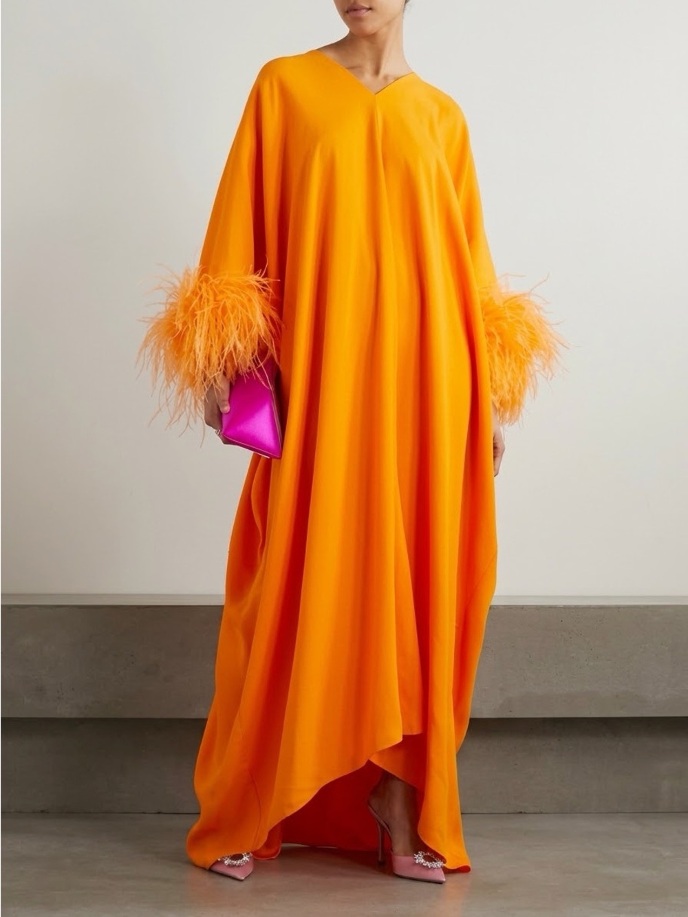 TALLER MARMO Gala Feather Crepe Maxi Kaftan Dress in Orange One Size